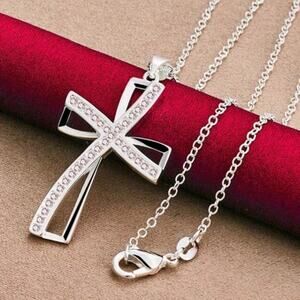 925 Sterling Silver Necklace w/ CZ Womans Layered Cross Pendant Vtg 90s Y2K Gift